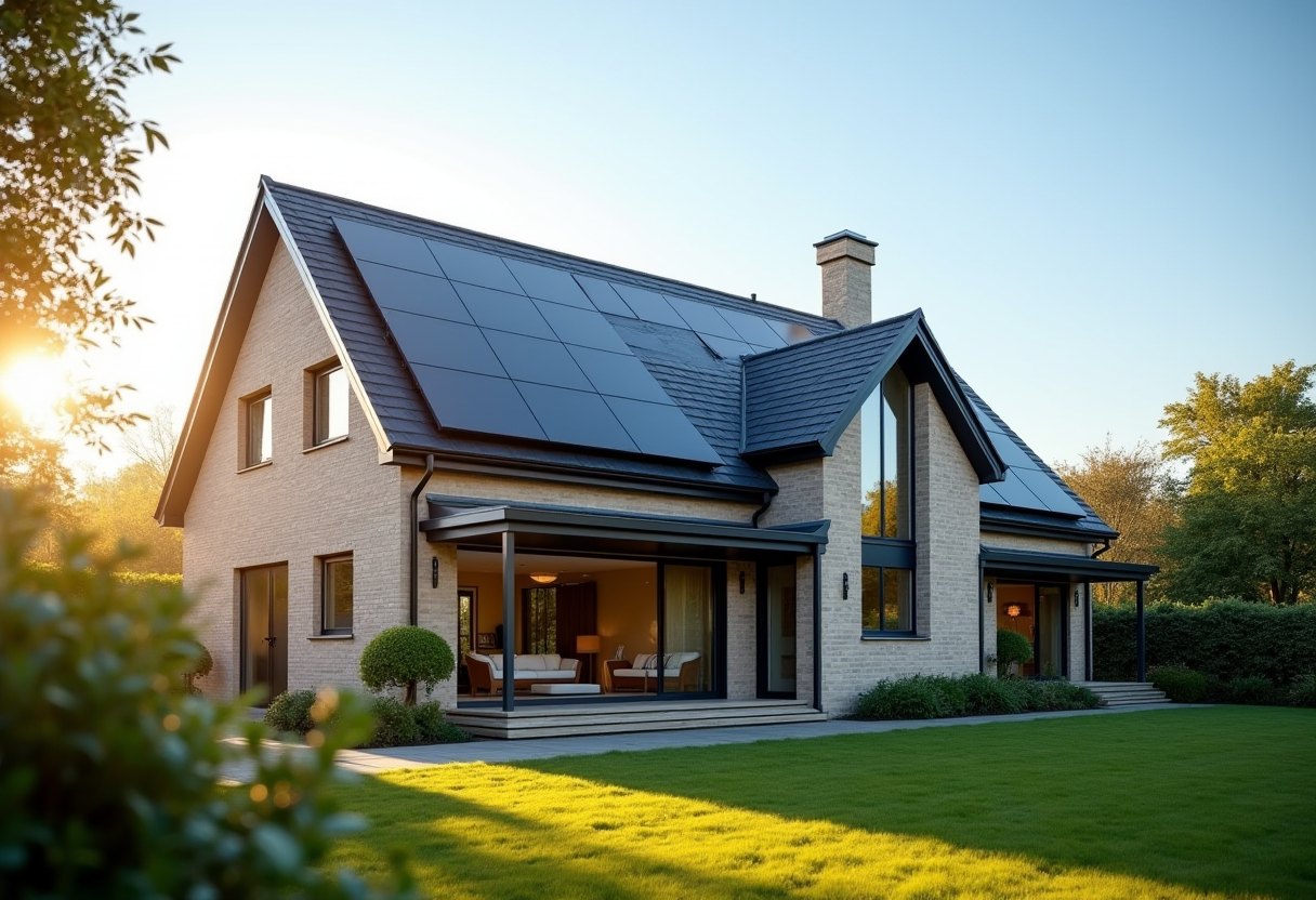 Modern home with solar panels on the roof