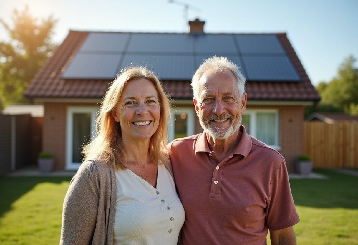 Happy homeowners in front of their solar home